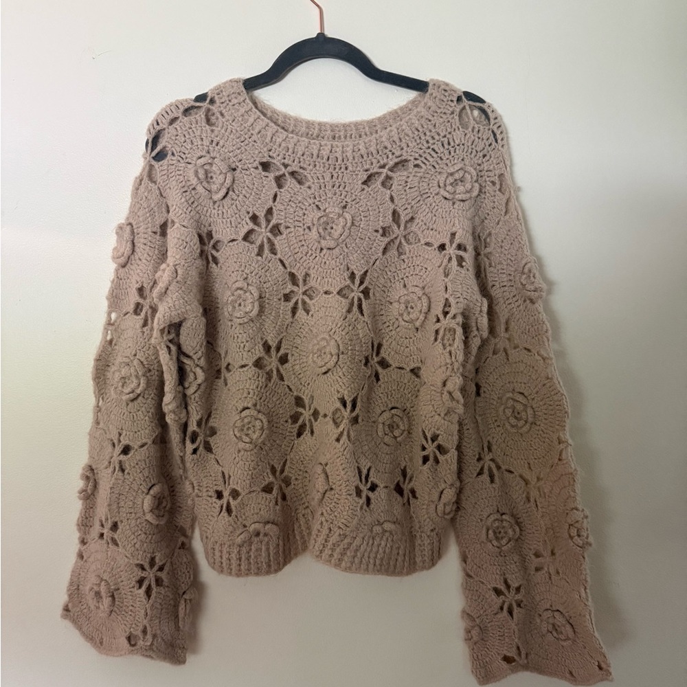 Crochet Floral Openwork Sweater - Beige
